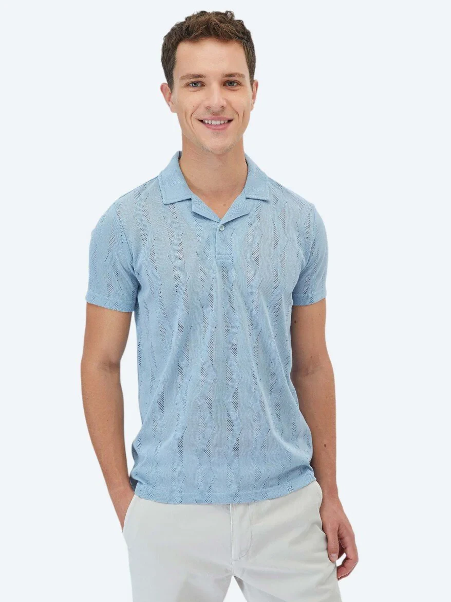 Blue Jacquard Cuban Collar T-Shirt - 1