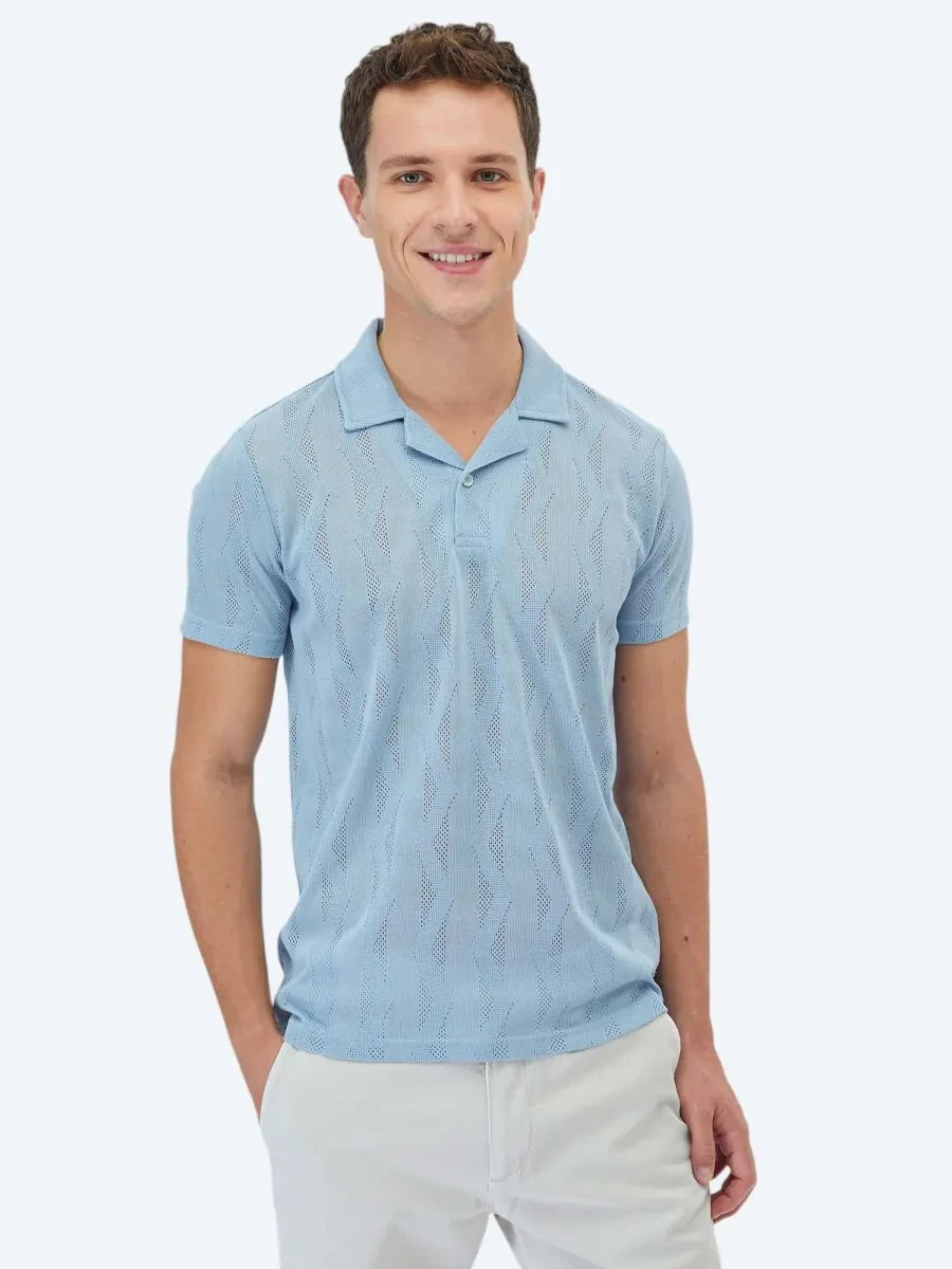 Blue Jacquard Cuban Collar T-Shirt - 1