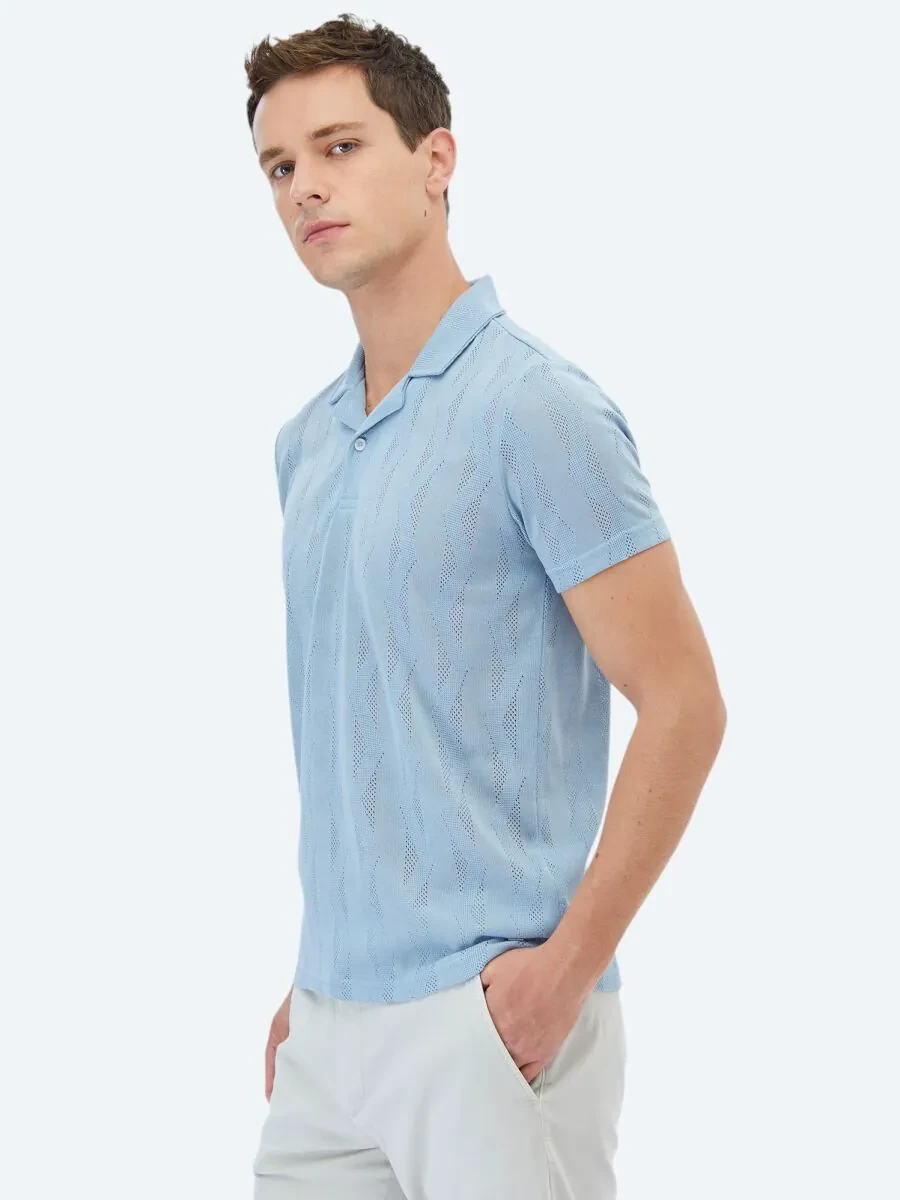 Blue Jacquard Cuban Collar T-Shirt - 3