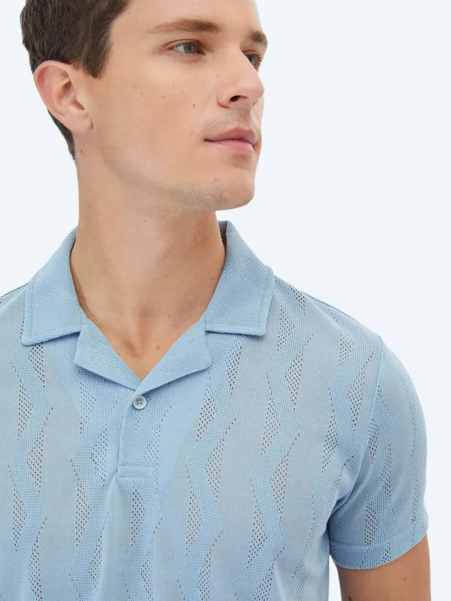 Blue Jacquard Cuban Collar T-Shirt - 4
