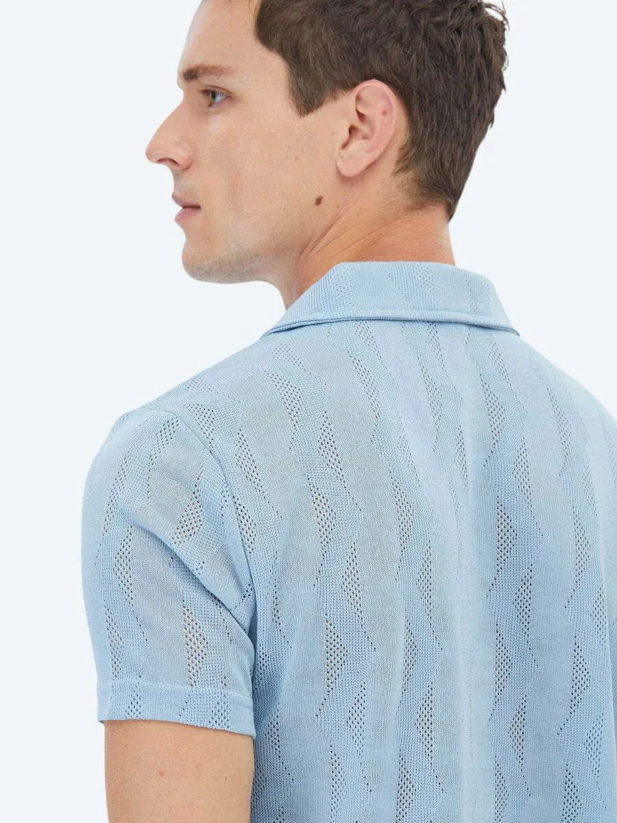 Blue Jacquard Cuban Collar T-Shirt - 5