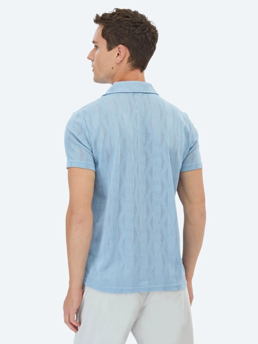 Blue Jacquard Cuban Collar T-Shirt - 6