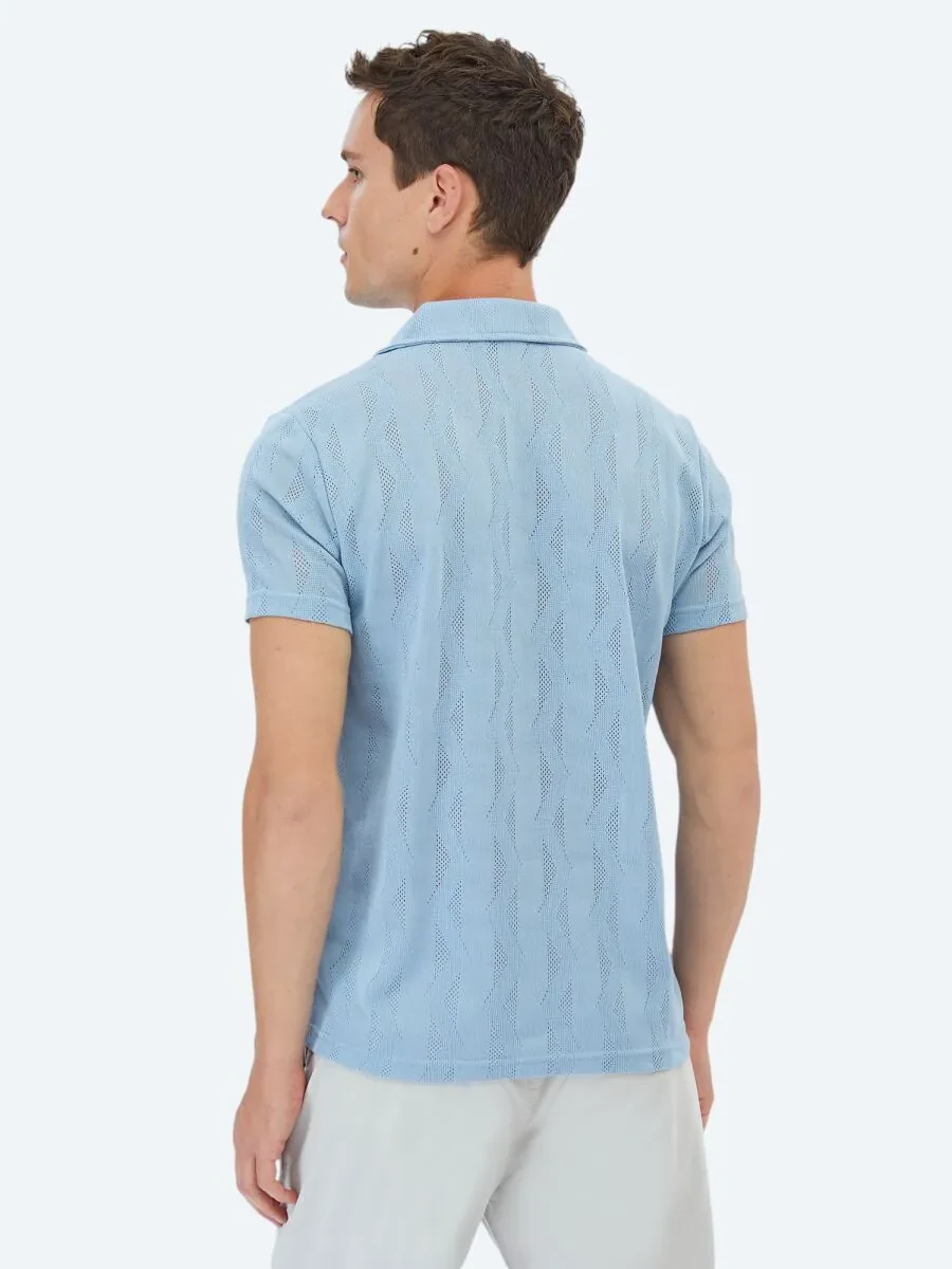 Blue Jacquard Cuban Collar T-Shirt - 6