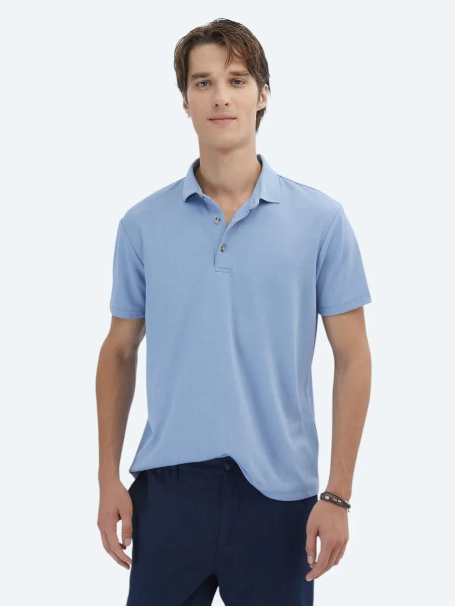 Blue Jacquard Polo Neck T-Shirt - 1