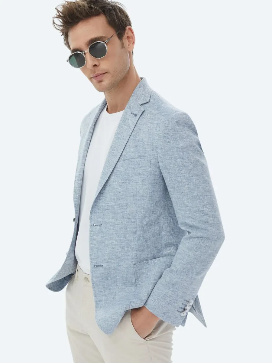 Blue Micro Modern Fit Linen Blended Jacket - 1