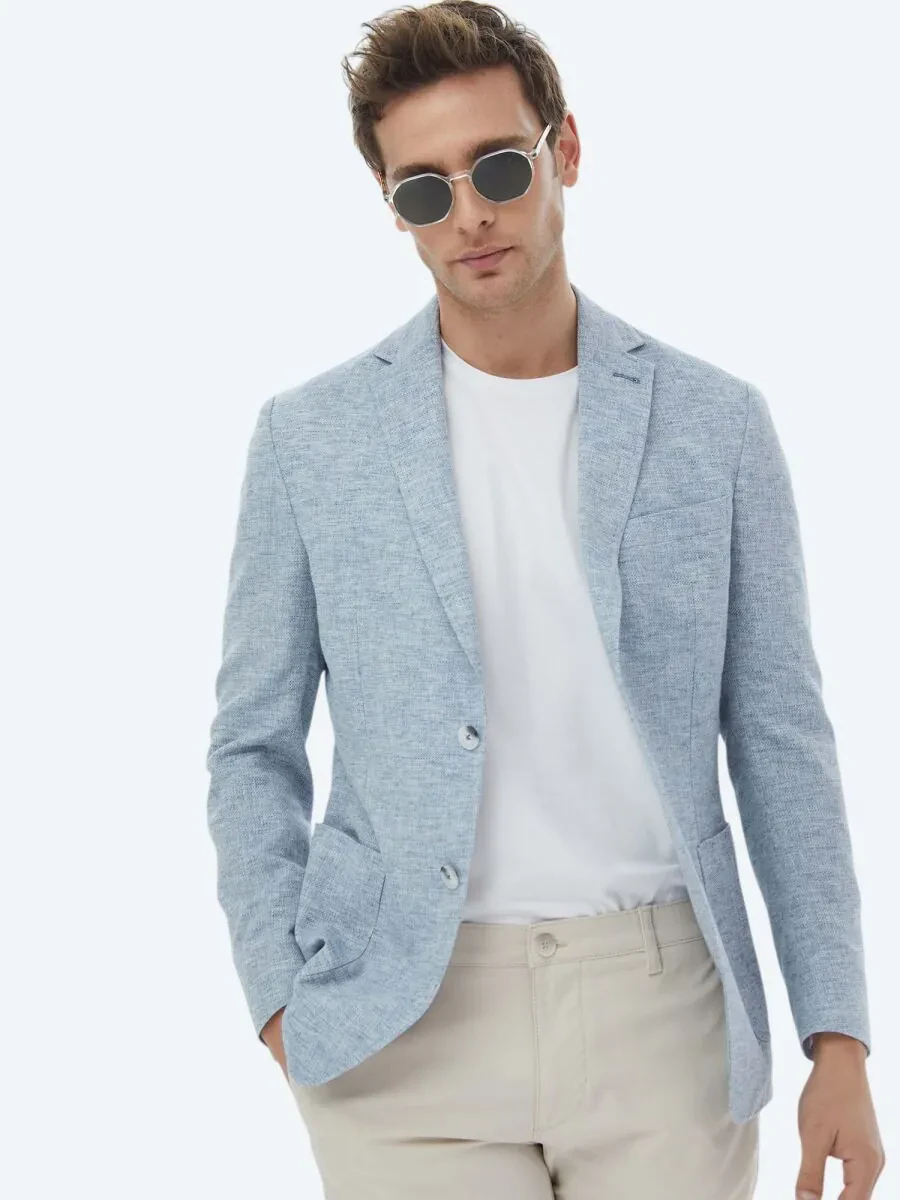 Blue Micro Modern Fit Linen Blended Jacket - 3