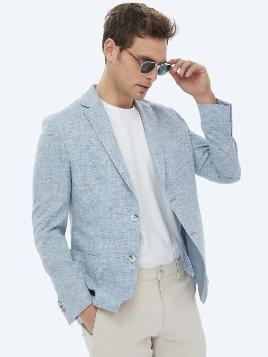 Blue Micro Modern Fit Linen Blended Jacket - 4