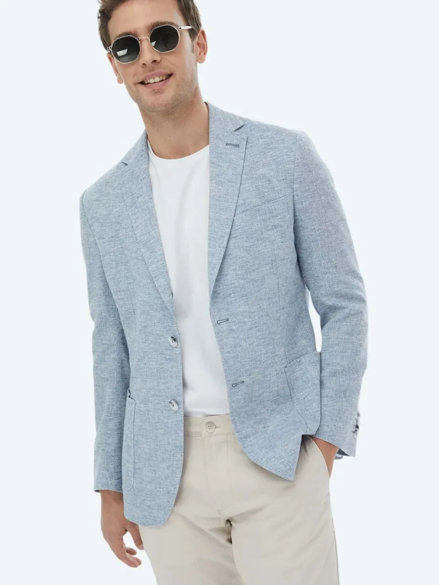 Blue Micro Modern Fit Linen Blended Jacket - 5