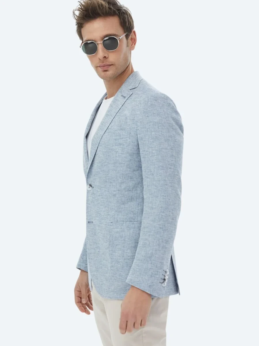 Blue Micro Modern Fit Linen Blended Jacket - 6