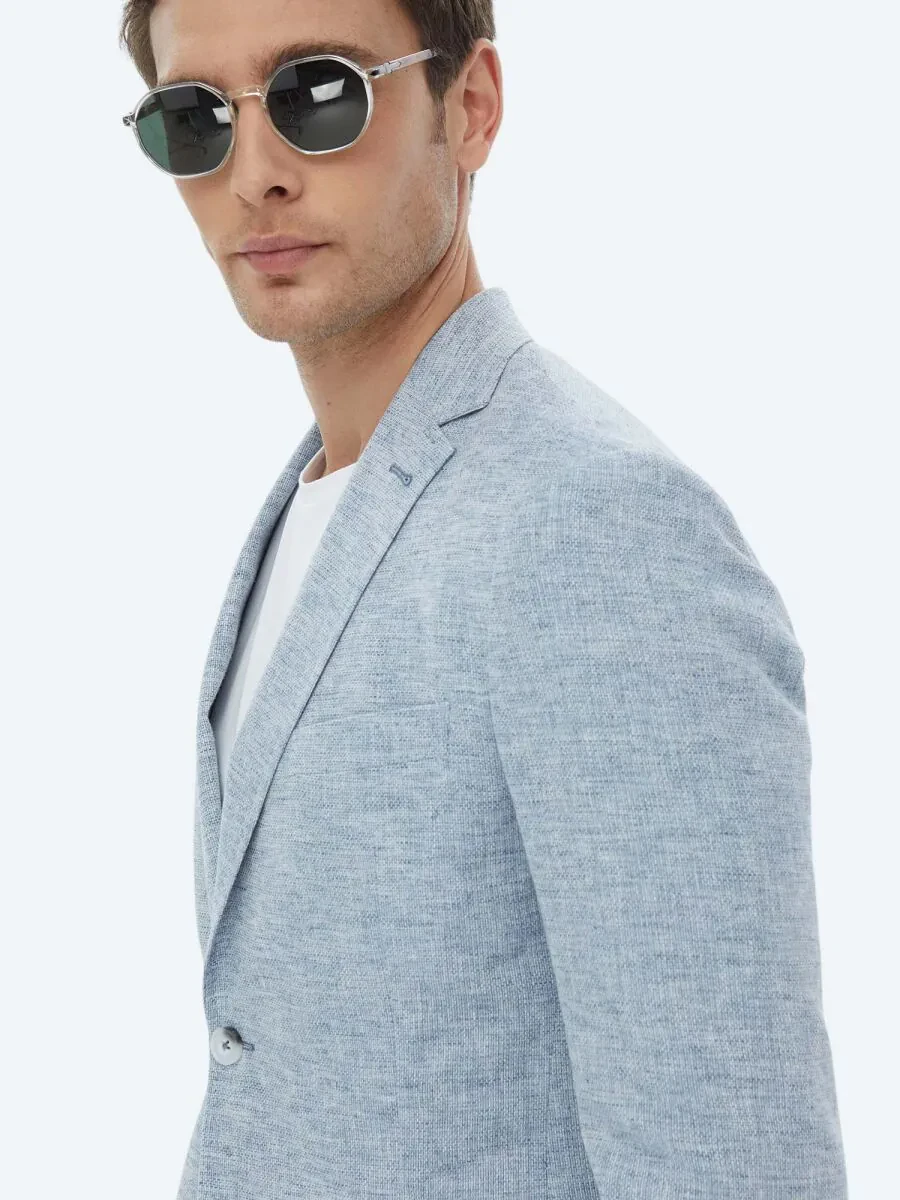 Blue Micro Modern Fit Linen Blended Jacket - 7