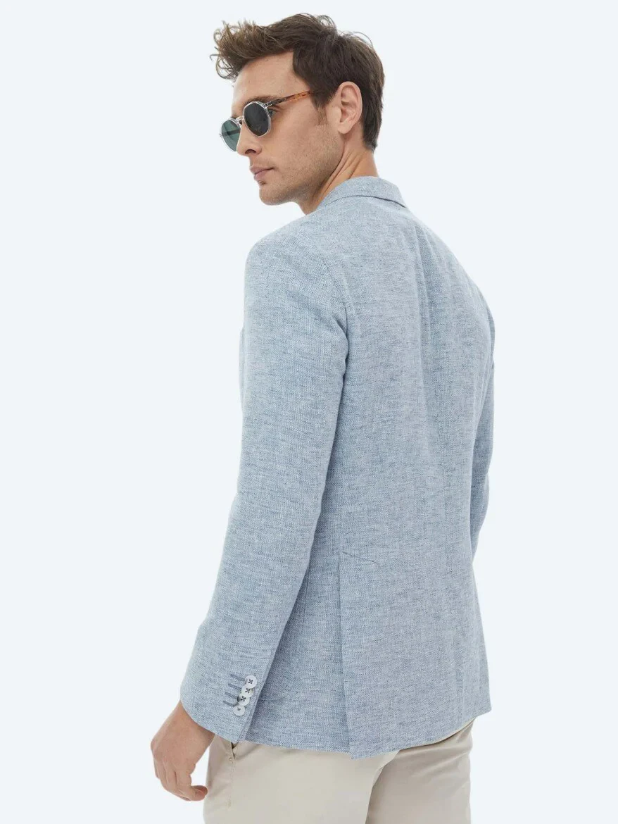 Blue Micro Modern Fit Linen Blended Jacket - 9