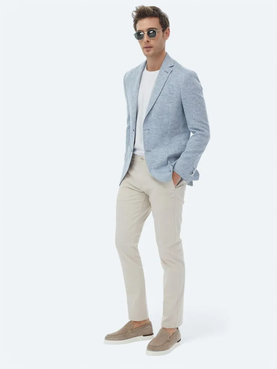 Blue Micro Modern Fit Linen Blended Jacket - 10