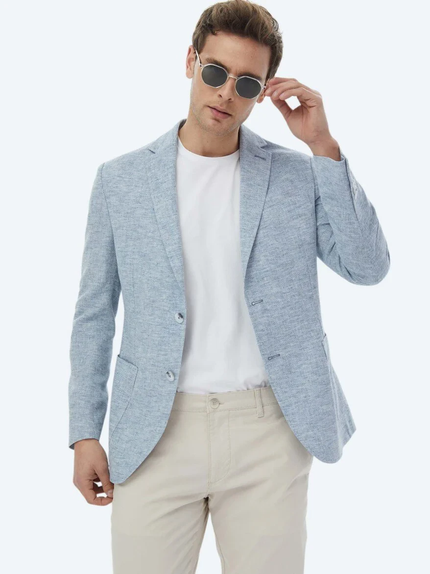 Blue Micro Modern Fit Linen Blended Jacket - 11