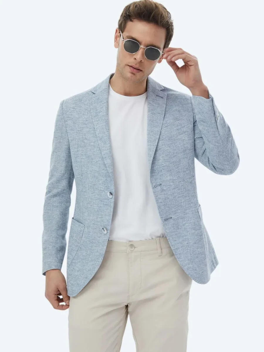 Blue Micro Modern Fit Linen Blended Jacket - 11