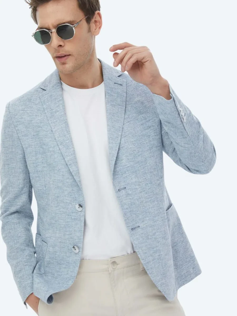 Blue Micro Modern Fit Linen Blended Jacket - 12
