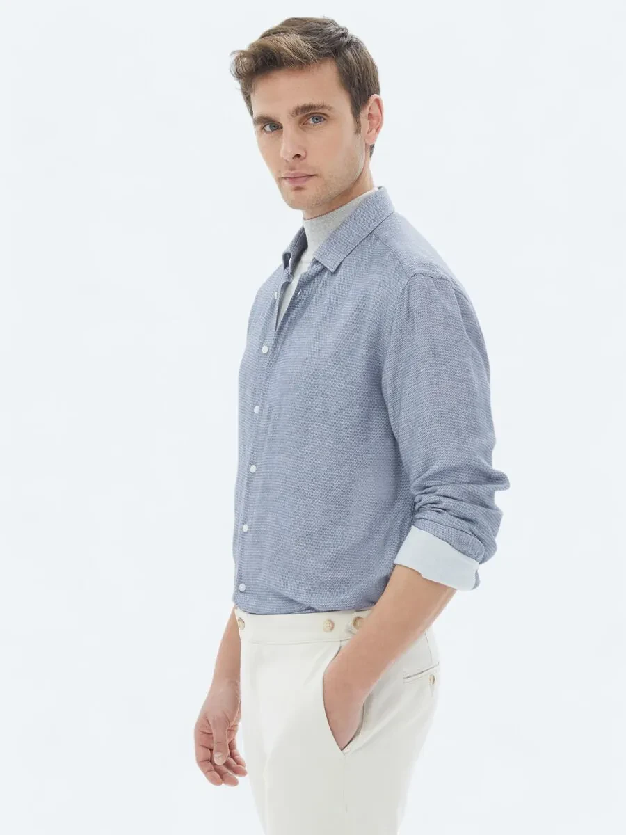 Blue Patterned Regular Fit Weaving Casual Shirt - 4