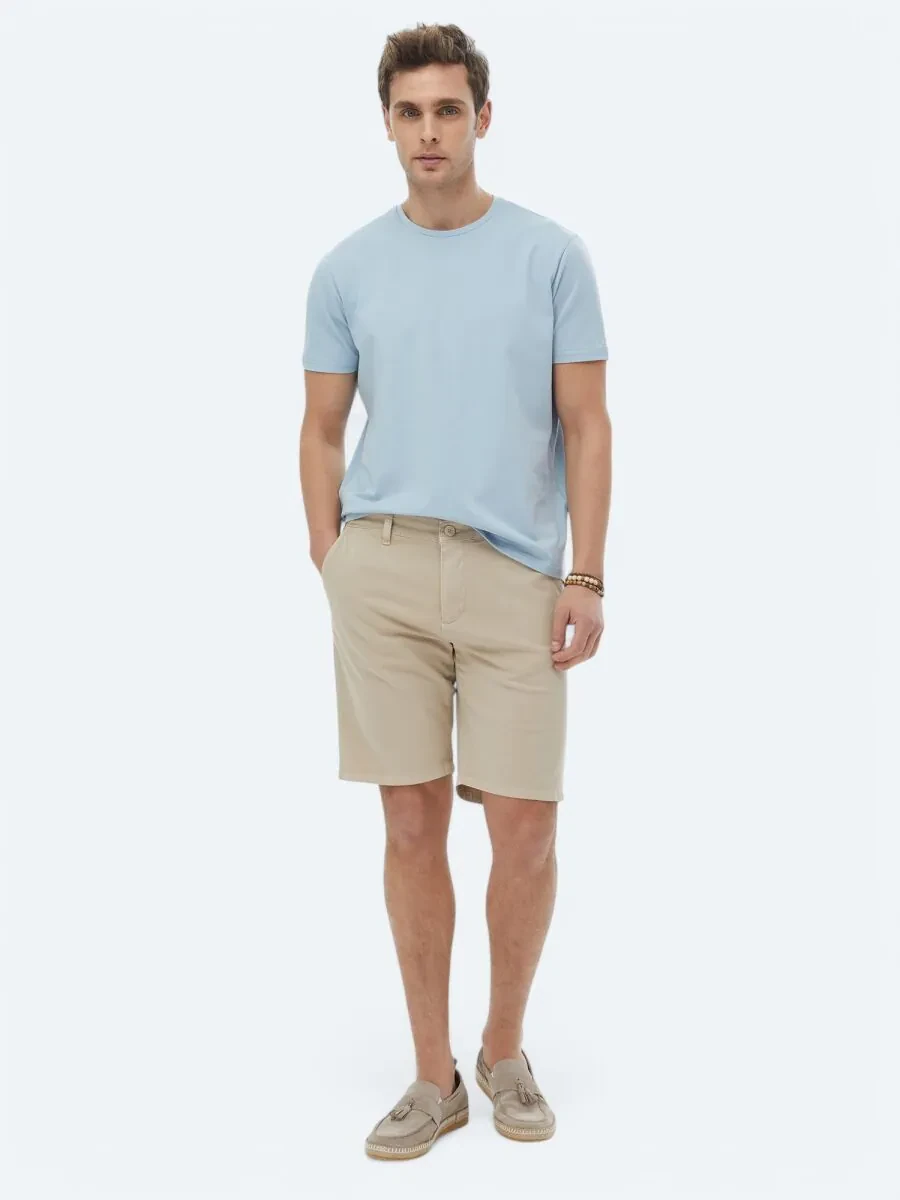 Blue Plain Crew Neck Cotton Blended T-Shirt - 2
