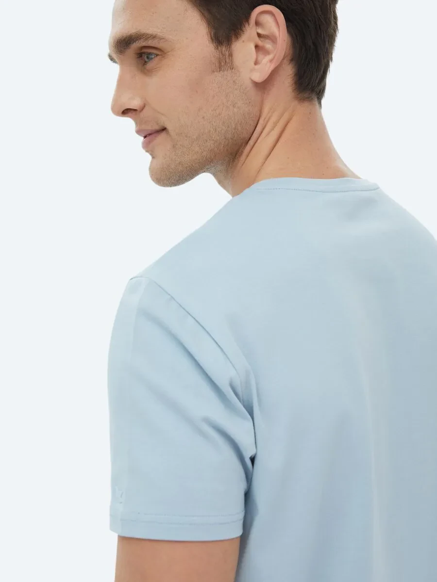 Blue Plain Crew Neck Cotton Blended T-Shirt - 7