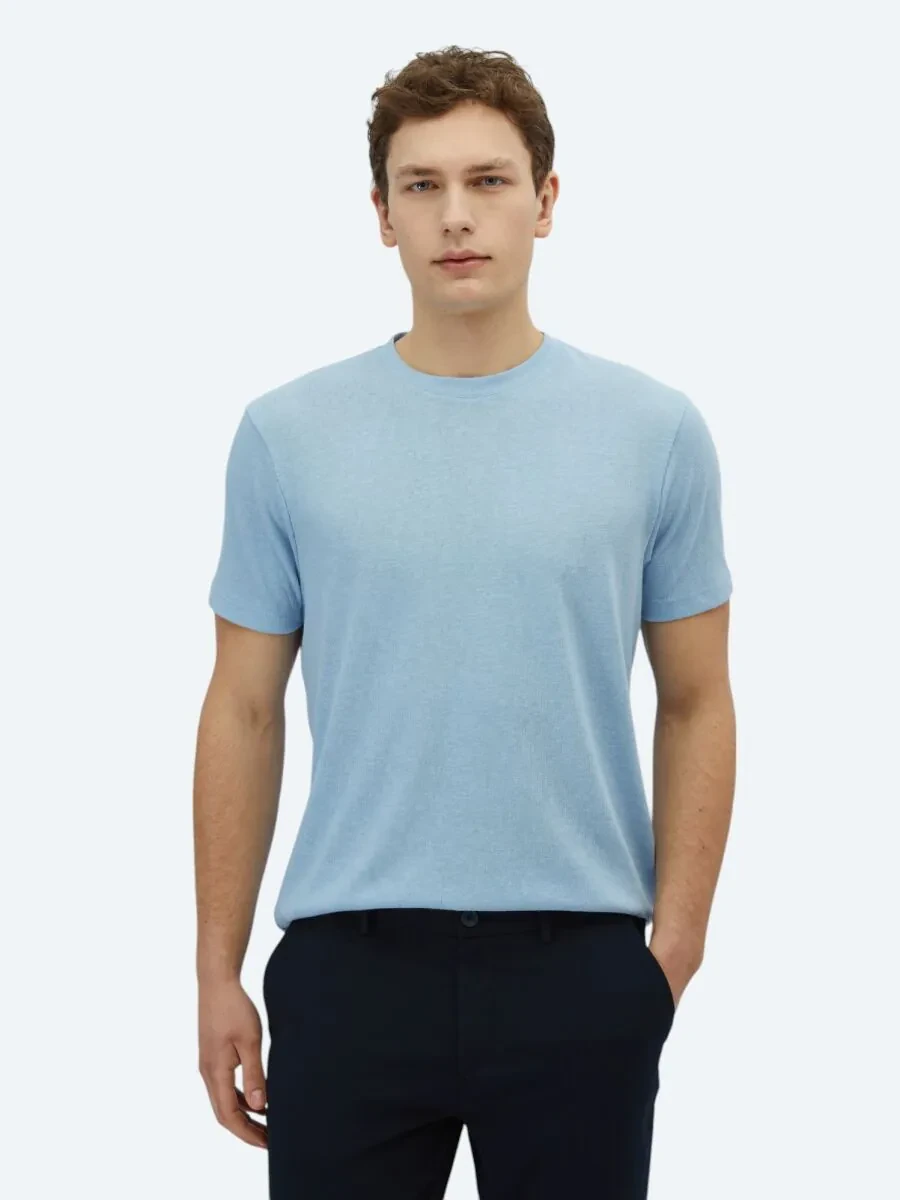 Blue Plain Crew Neck Cotton Blended T-Shirt - 1