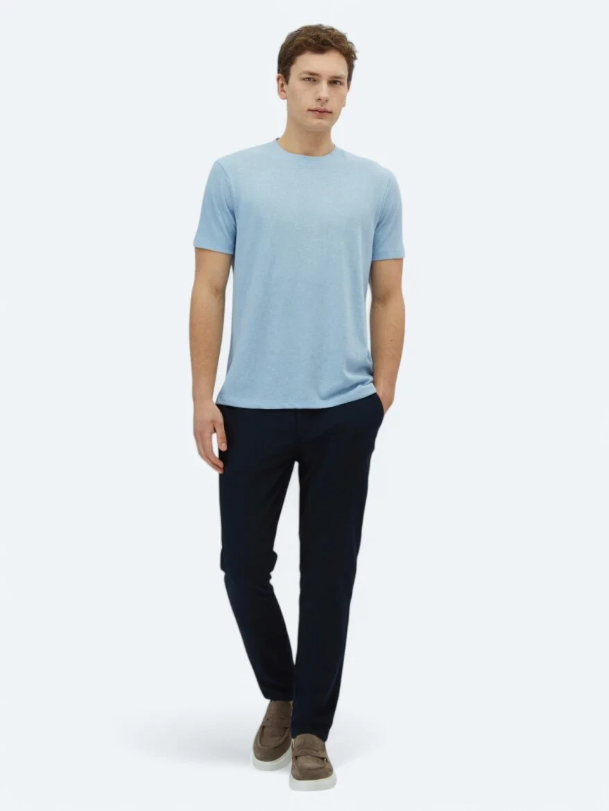 Blue Plain Crew Neck Cotton Blended T-Shirt - 2