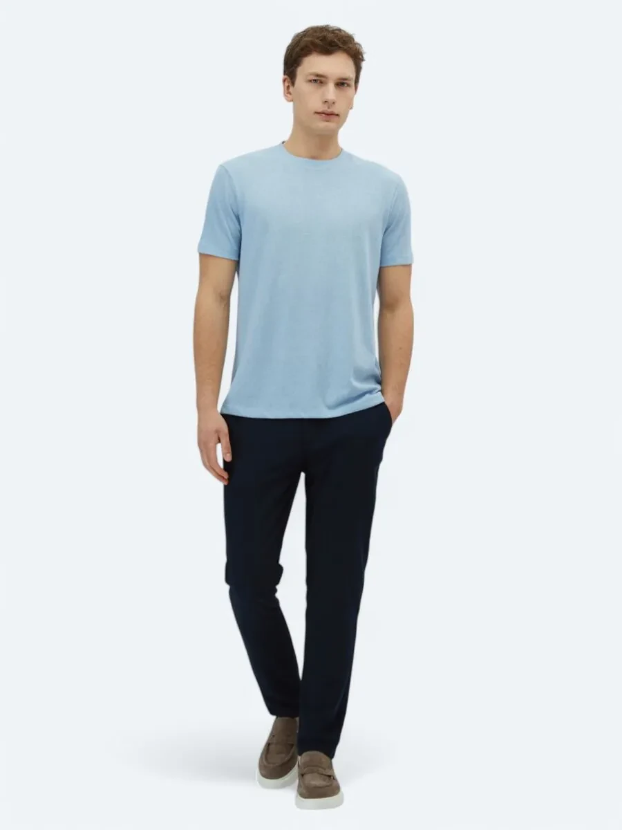 Blue Plain Crew Neck Cotton Blended T-Shirt - 2
