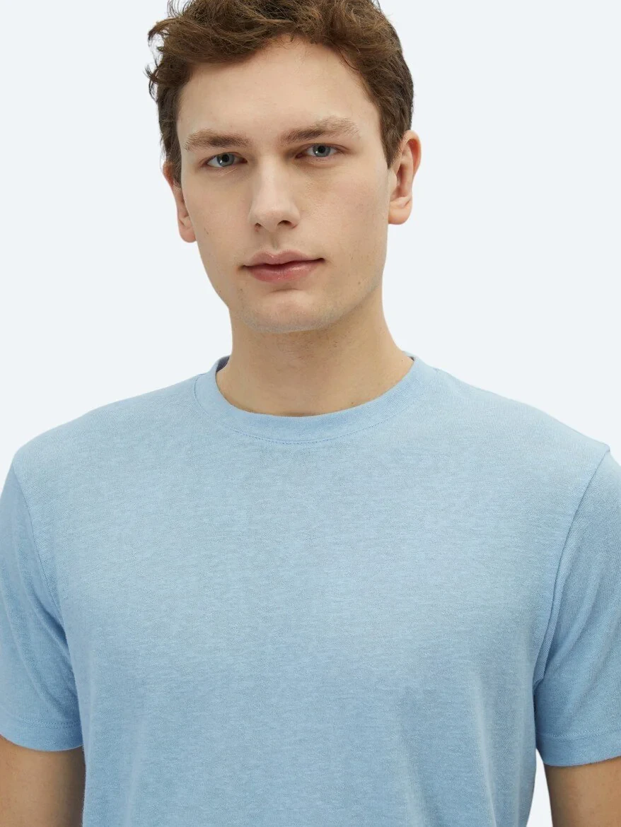 Blue Plain Crew Neck Cotton Blended T-Shirt - 3