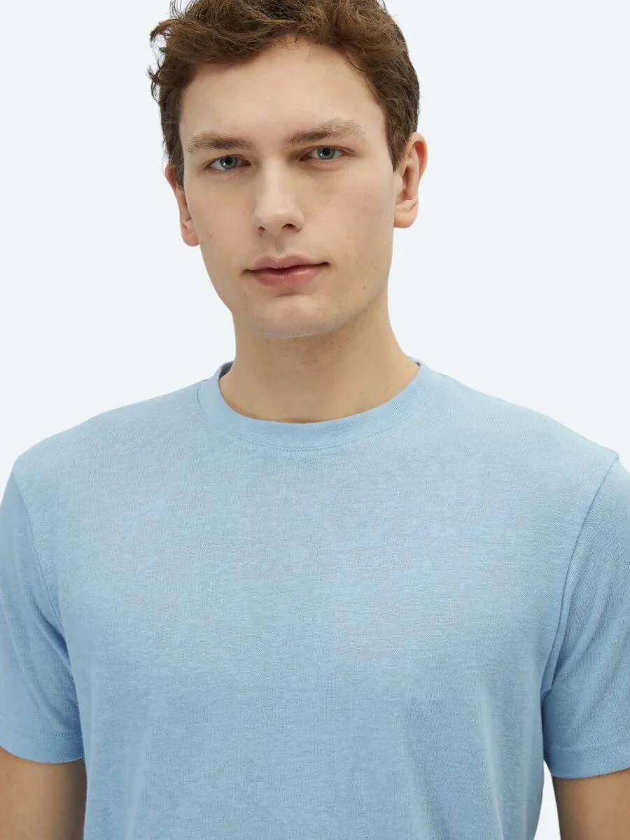 Blue Plain Crew Neck Cotton Blended T-Shirt - 3