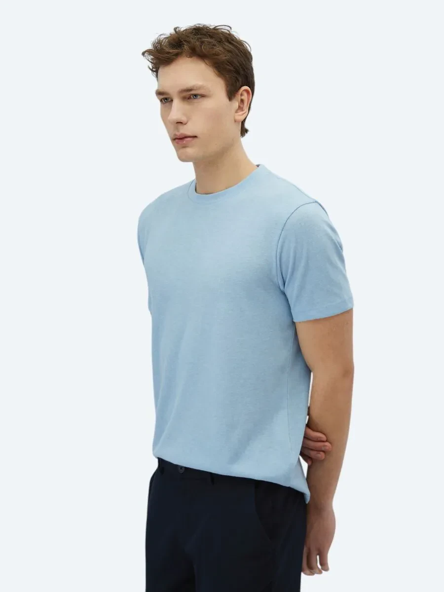 Blue Plain Crew Neck Cotton Blended T-Shirt - 4