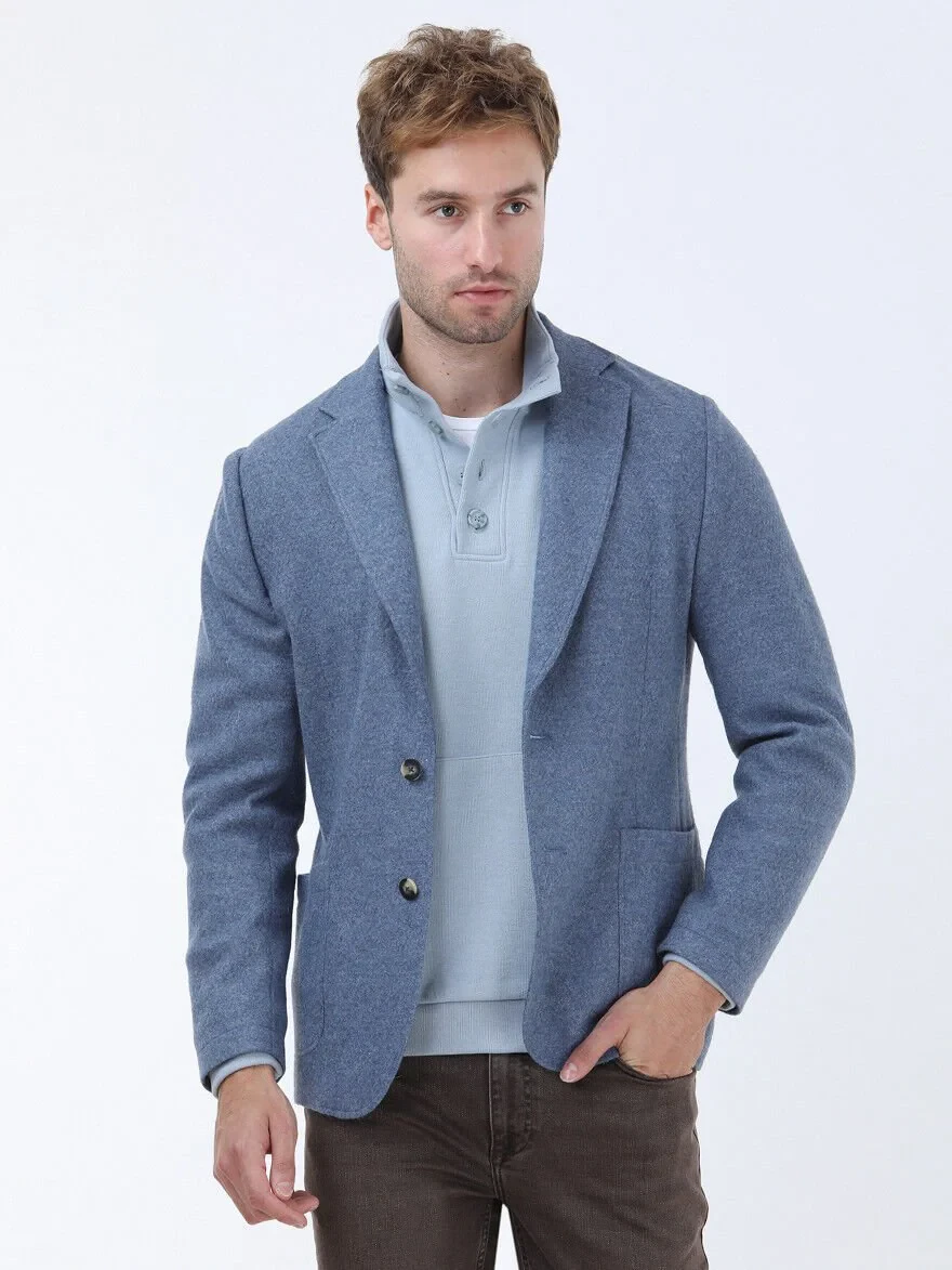 Blue Plain Modern Fit Wool Blended Jacket - 1