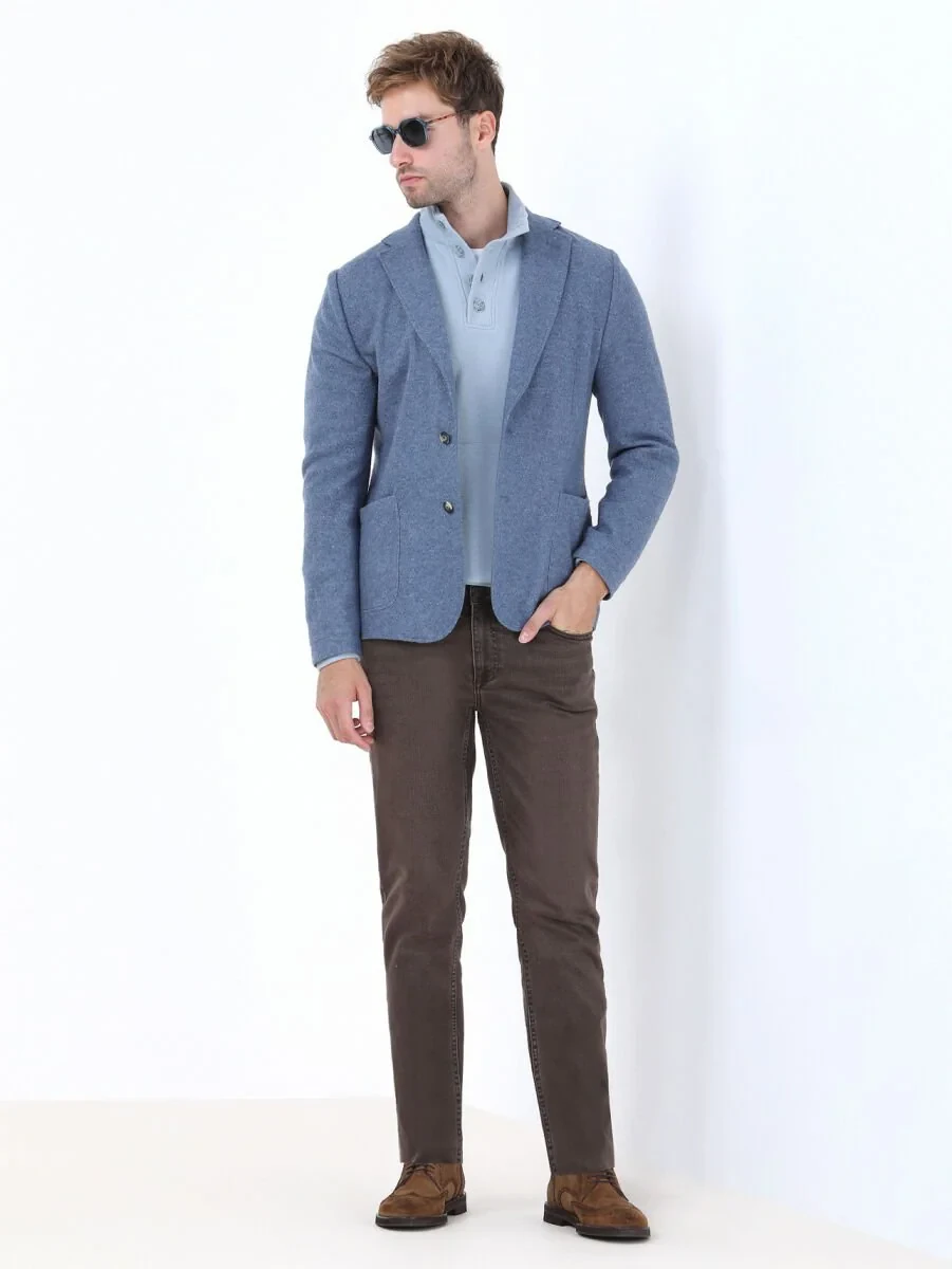 Blue Plain Modern Fit Wool Blended Jacket - 2