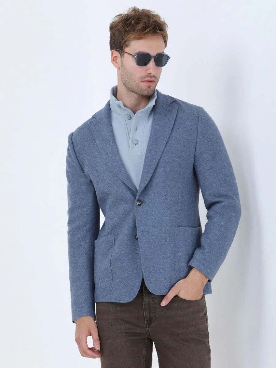 Blue Plain Modern Fit Wool Blended Jacket - 3