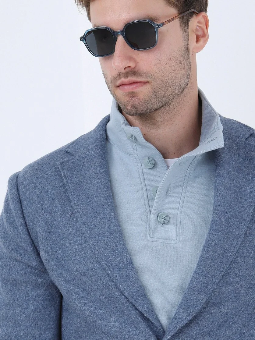 Blue Plain Modern Fit Wool Blended Jacket - 4