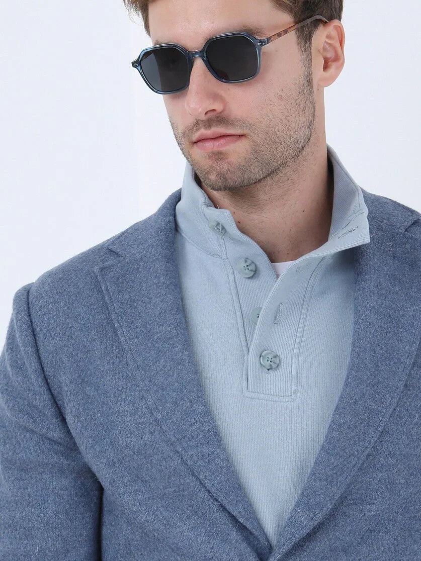 Blue Plain Modern Fit Wool Blended Jacket - 4