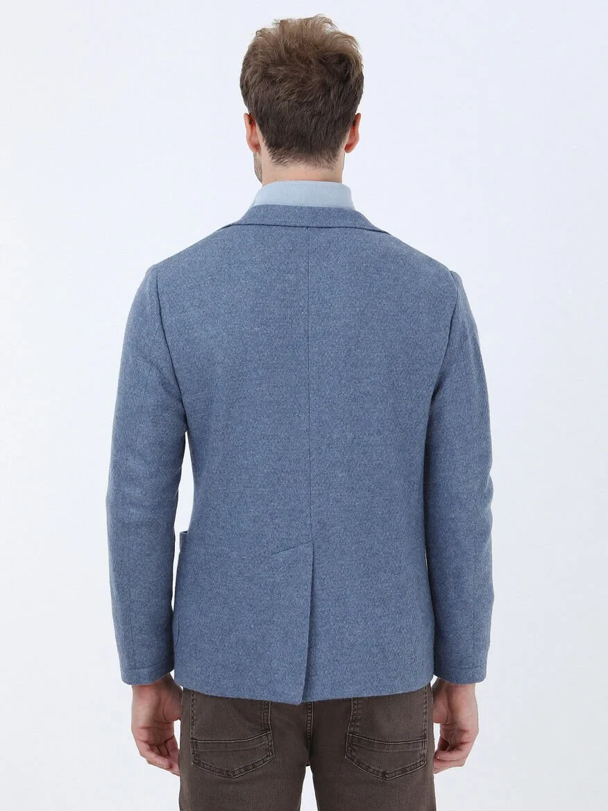 Blue Plain Modern Fit Wool Blended Jacket - 6