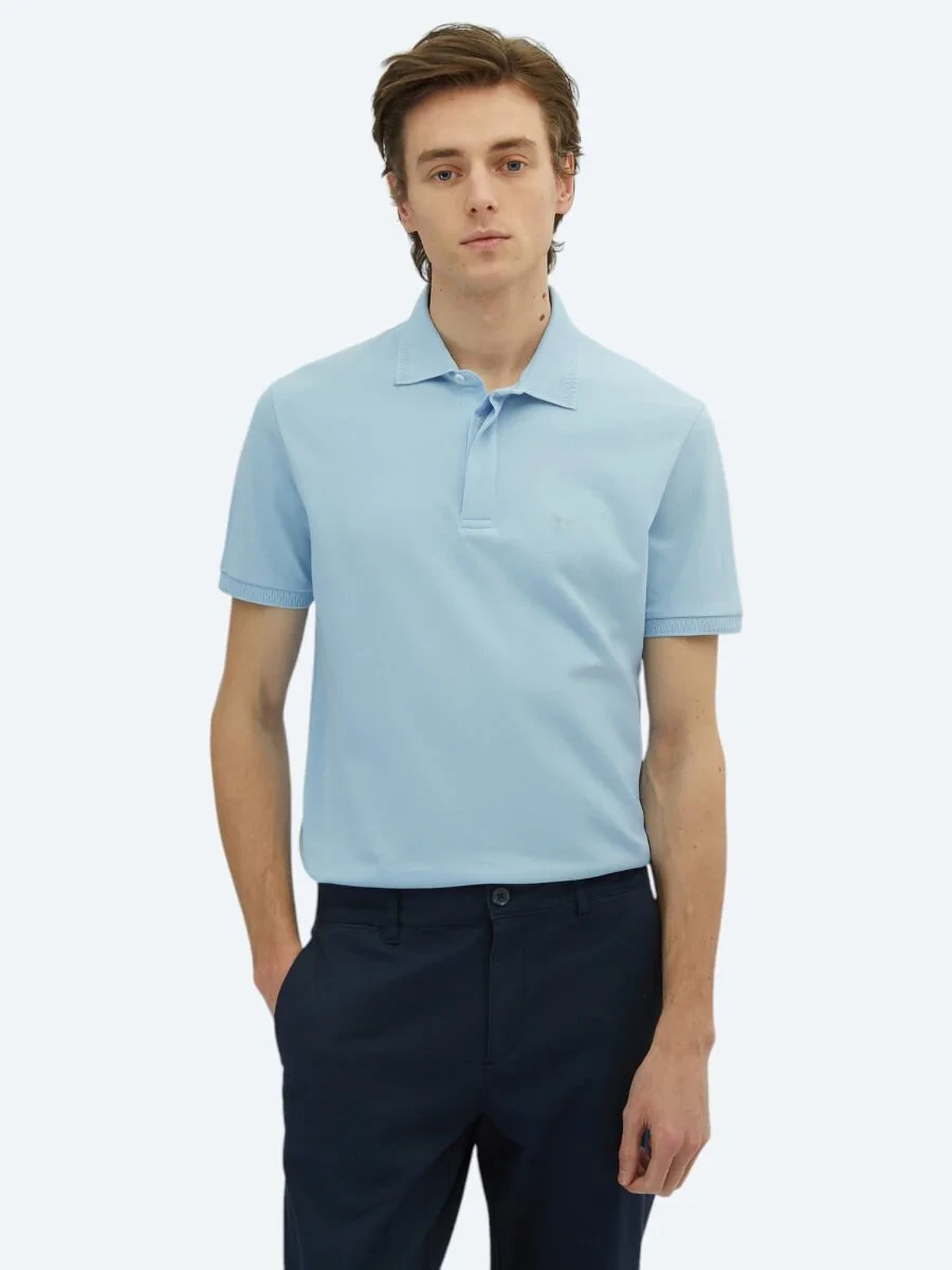 Blue Plain Polo Neck 100% Cotton T-Shirt - 1
