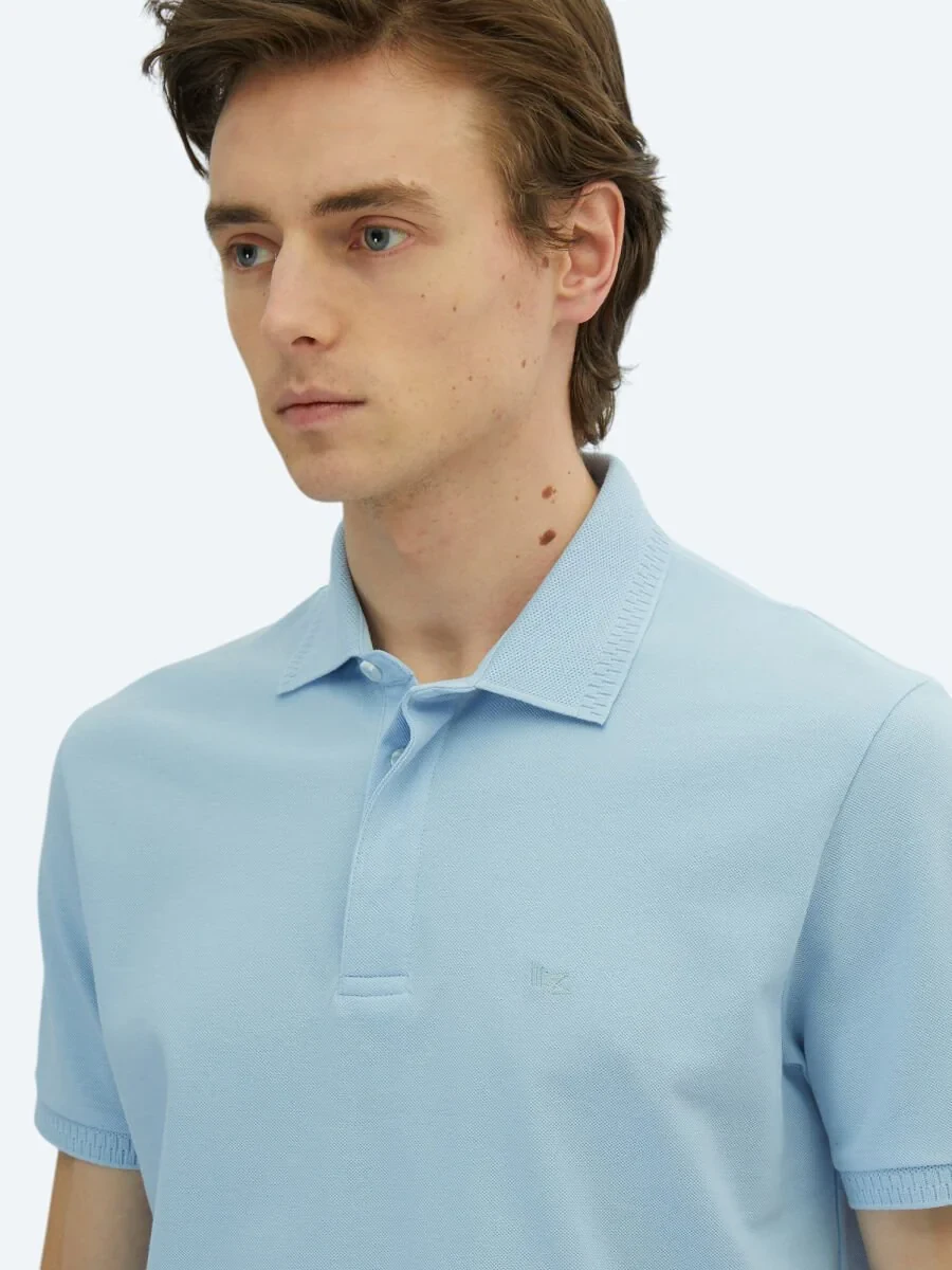 Blue Plain Polo Neck 100% Cotton T-Shirt - 3