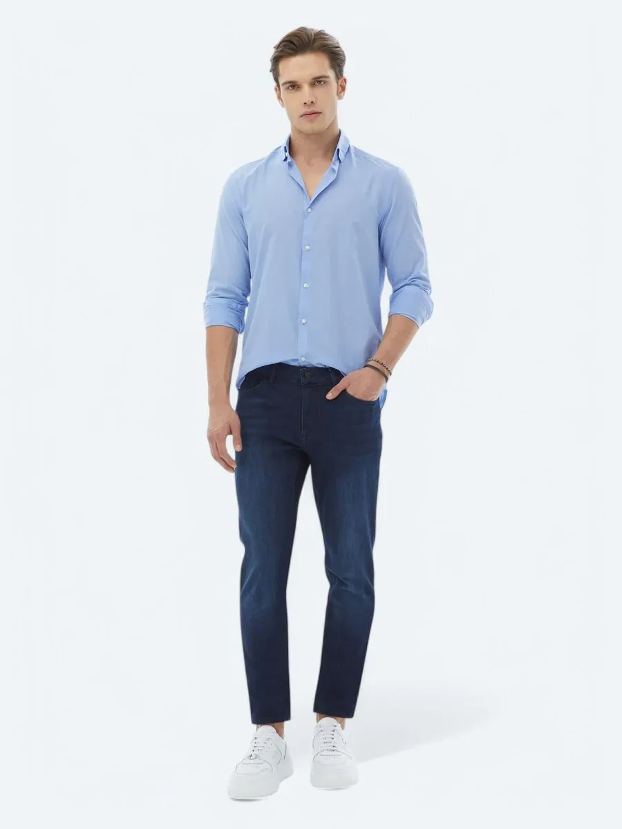 Blue Plain Regular Fit Weaving Casual 100% Cotton Shirt - 1