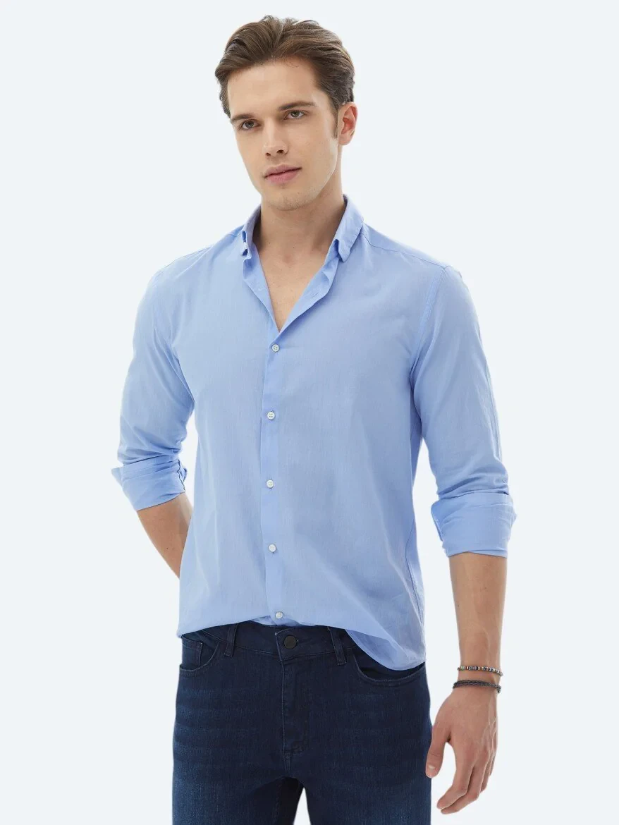 Blue Plain Regular Fit Weaving Casual 100% Cotton Shirt - 2
