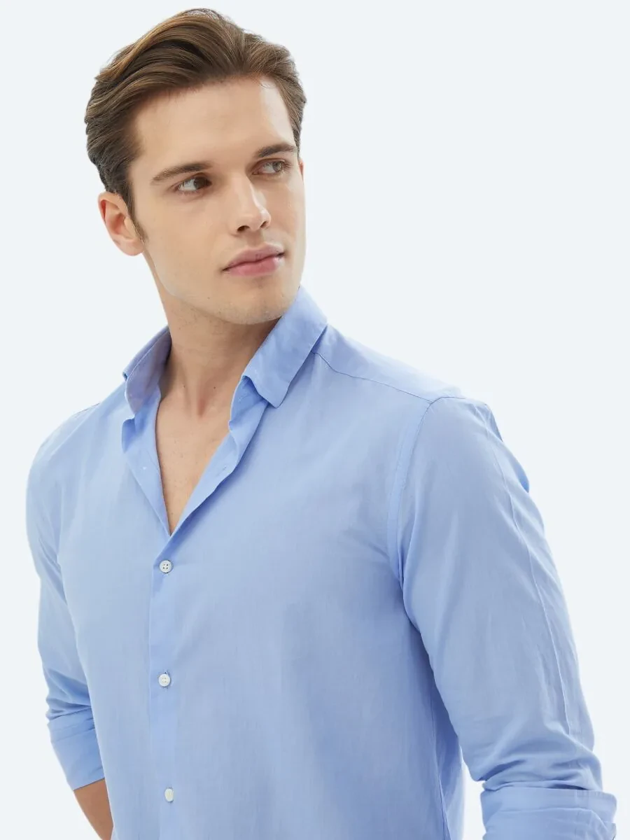 Blue Plain Regular Fit Weaving Casual 100% Cotton Shirt - 3