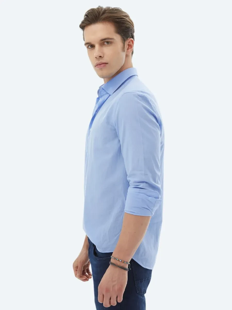 Blue Plain Regular Fit Weaving Casual 100% Cotton Shirt - 4