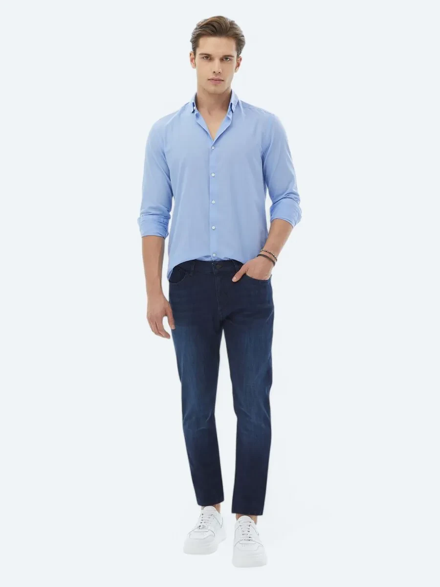 Blue Plain Regular Fit Weaving Casual 100% Cotton Shirt - 5