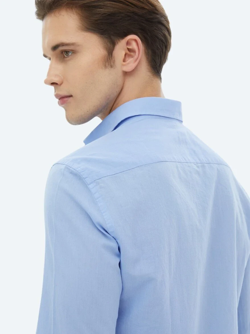 Blue Plain Regular Fit Weaving Casual 100% Cotton Shirt - 6