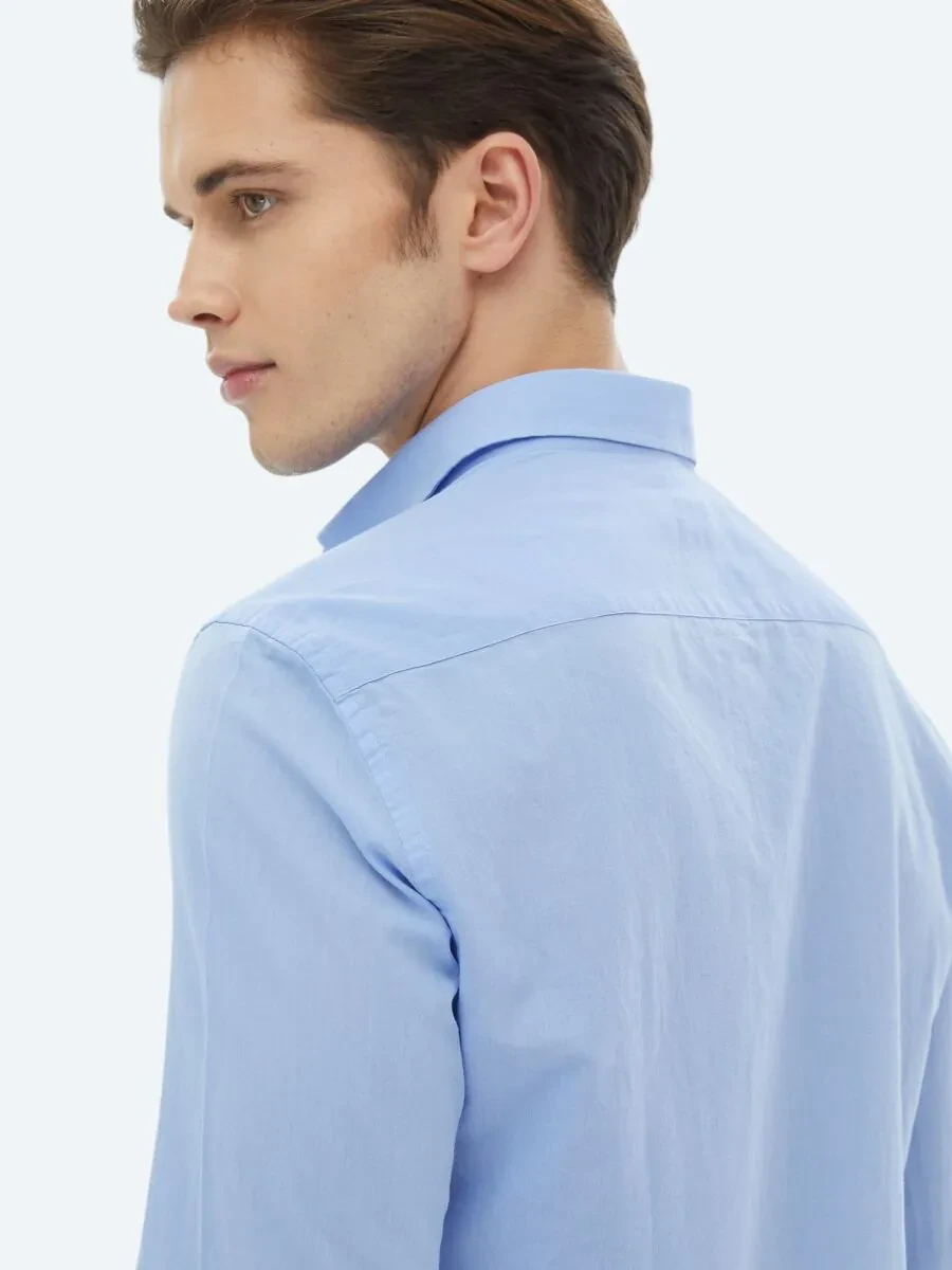 Blue Plain Regular Fit Weaving Casual 100% Cotton Shirt - 6