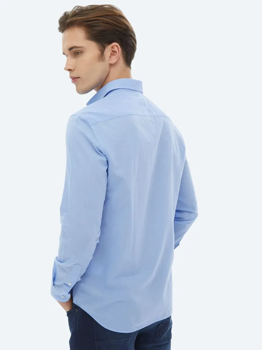 Blue Plain Regular Fit Weaving Casual 100% Cotton Shirt - 7