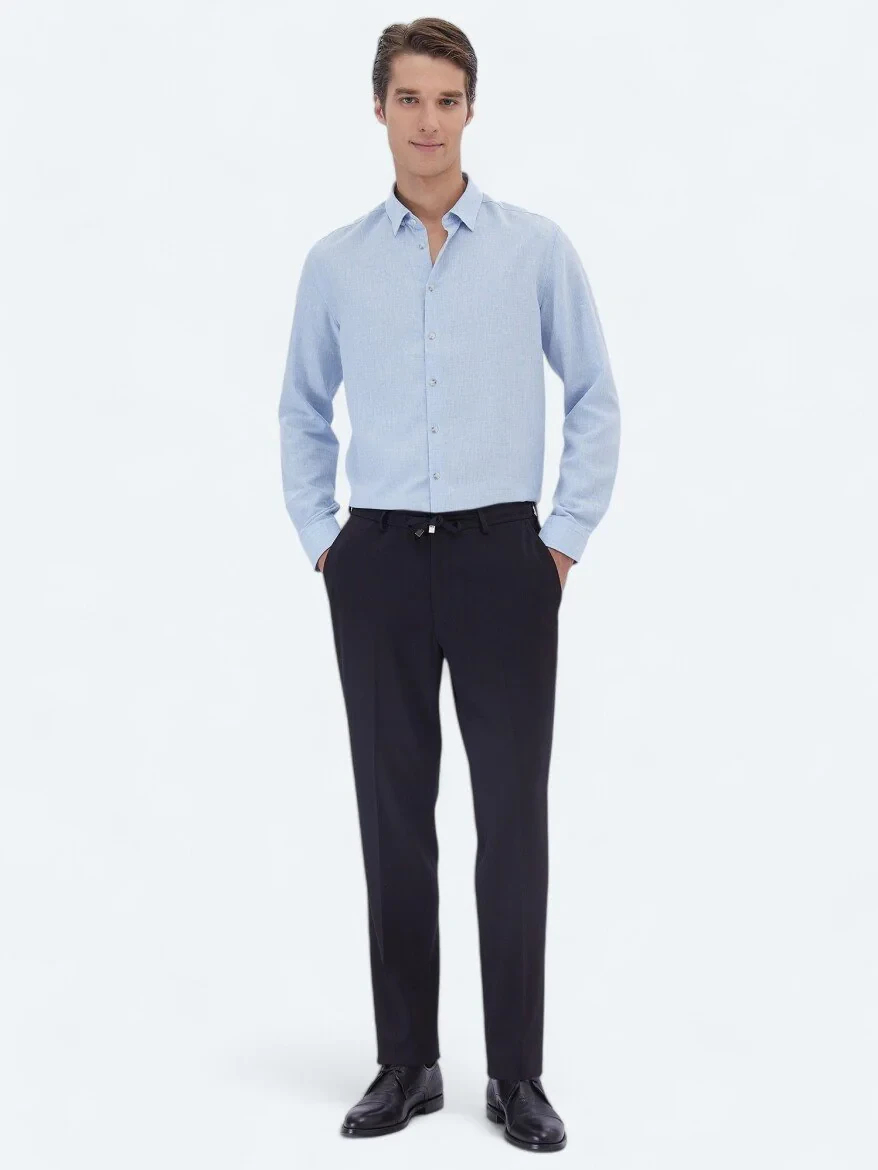 Blue Plain Regular Fit Weaving Casual Cotton Blended Shirt - 2