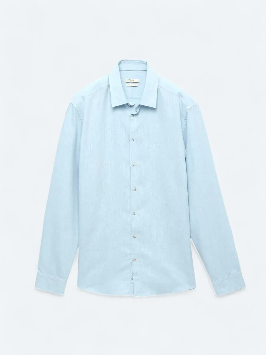 Blue Plain Regular Fit Weaving Casual Cotton Blended Shirt - 7