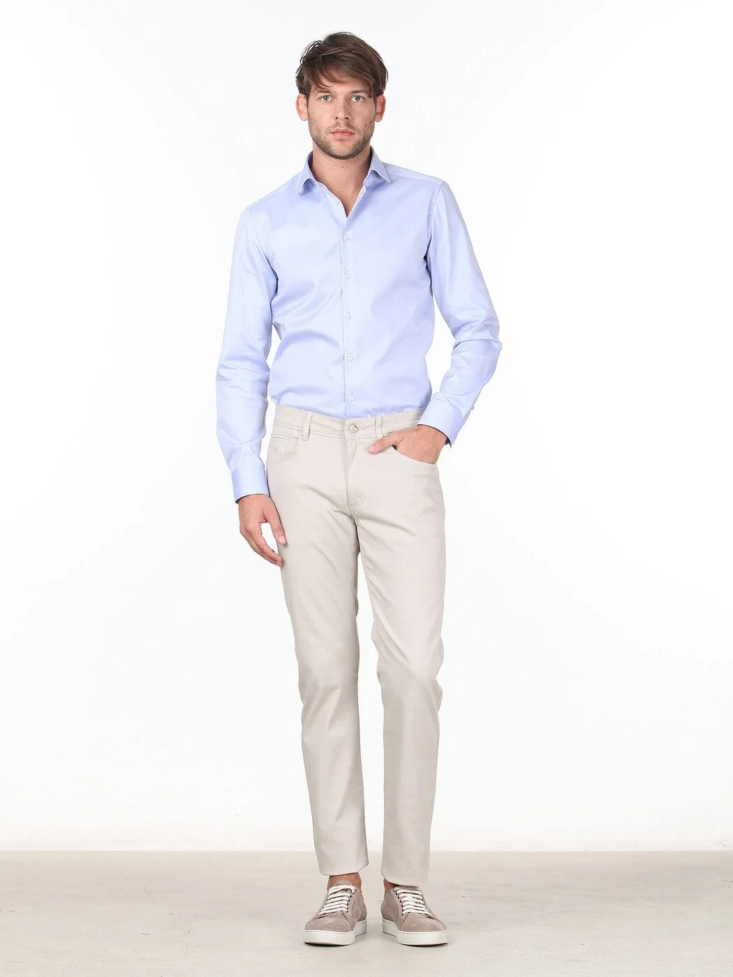 Blue Plain Regular Fit Weaving Classical 100% Cotton Shirt - 2