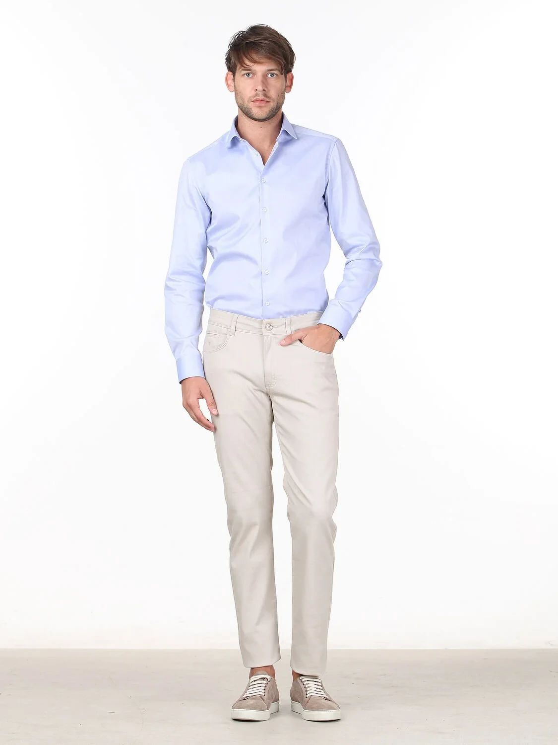 Blue Plain Regular Fit Weaving Classical 100% Cotton Shirt - 2