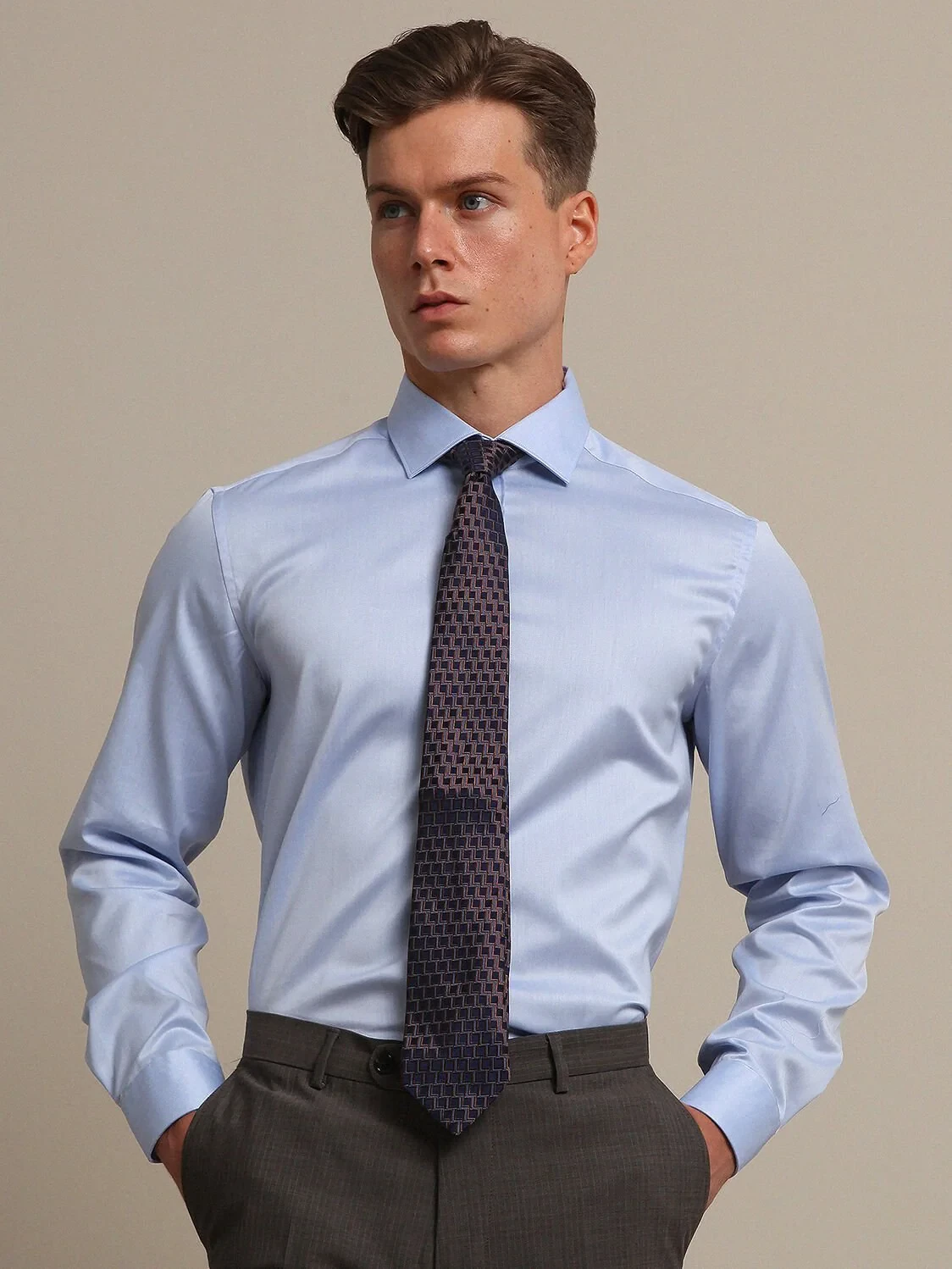 Blue Plain Regular Fit Weaving Classical 100% Cotton Shirt - 1