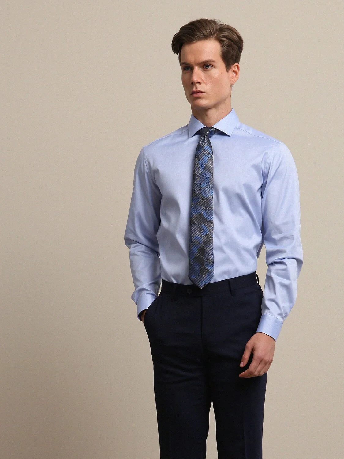 Blue Plain Regular Fit Weaving Classical 100% Cotton Shirt - 3